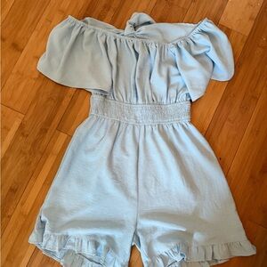Girls Light Blue Off-Shoulder Romper